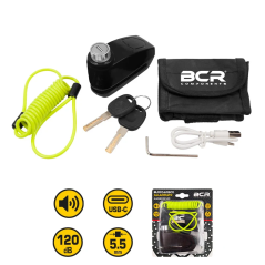 Disc lock with 120 dB alarm, 5.5 mm pin, USB charging and reminder cable