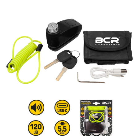 Bremsscheibenschloss mit Alarm 120 dB, Bolzen 5,5 mm, USB-Ladefunktion und Erinnerungskabel