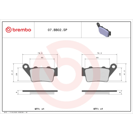 Pastillas de freno Brembo 07BB02SP sinterizadas SP de carretera traseras, 1 pareja