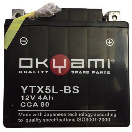 Batterie OKYAMI YTX5L-BS 4A, positif Droite, KTM EXC 250/400/450/525 - MXC 450  03-