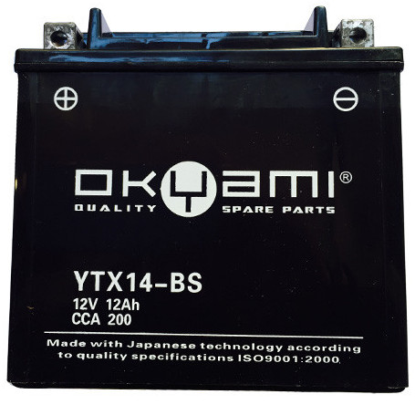 Okyami Battery YTX14-BS 12A, Left polarity | MotoGM
