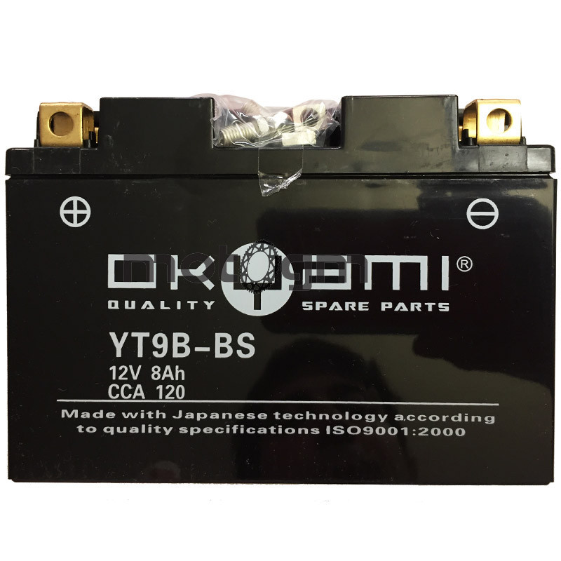 OKYAMI BATTERY YT9B-BS, Yamaha TMAX, X-MAX, R6, 8A, LEFT POLARITY