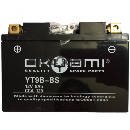 Batteria Okyami YT9B-BS 8A Yamaha TMAX, X-MAX, R6, positivo SX, 150x70x105mm