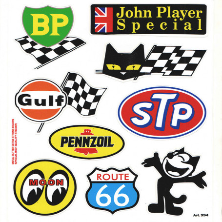 Autocollant Gulf, STP, Pennzoil, Route 66, BP (9 pieces) 20X24 cm