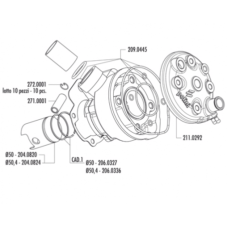 Cilindro completo Polini para motor Minarelli AM6  80 cc Ø 50 H2O, sp. Ø 12
