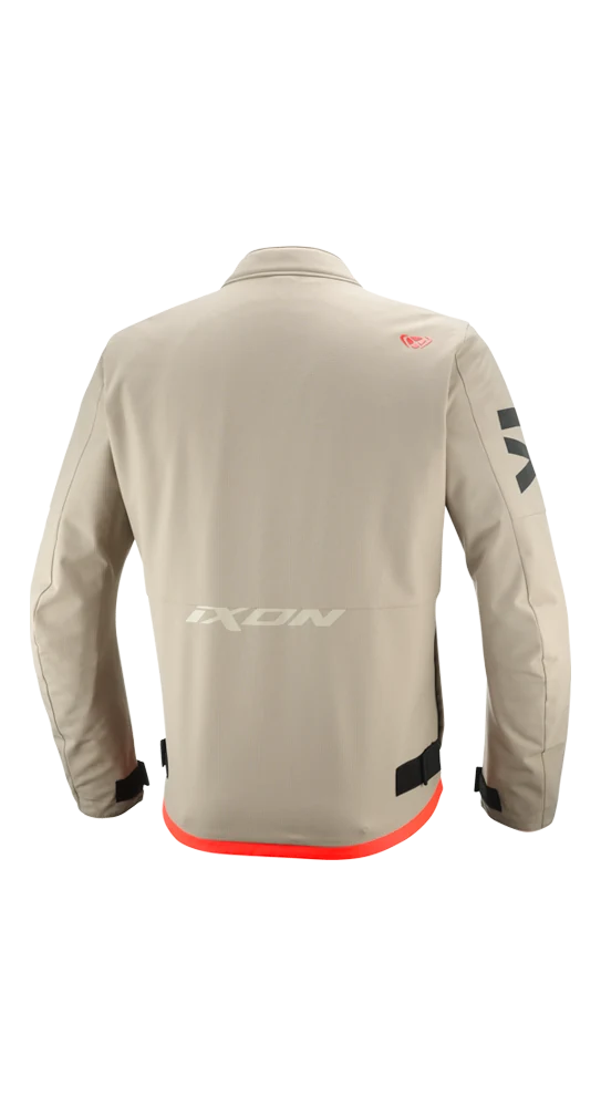 Giacca moto Ixon Combat sabbia, retro con fascia rosso vivo e velcro in vita